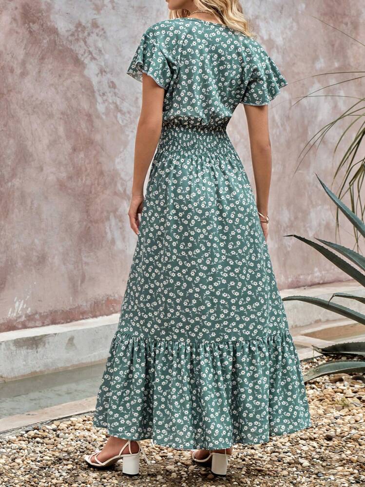 RueChic Ditsy Floral Print Shirred Waist Ruffle Hem Dress - Green - View 2