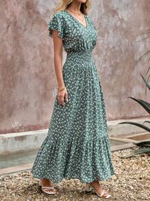 RueChic Ditsy Floral Print Shirred Waist Ruffle Hem Dress - Green - View 3