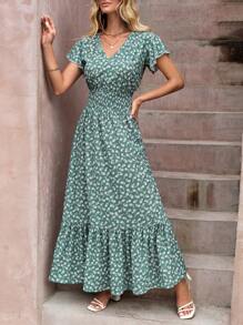 RueChic Ditsy Floral Print Shirred Waist Ruffle Hem Dress - Green - View 4