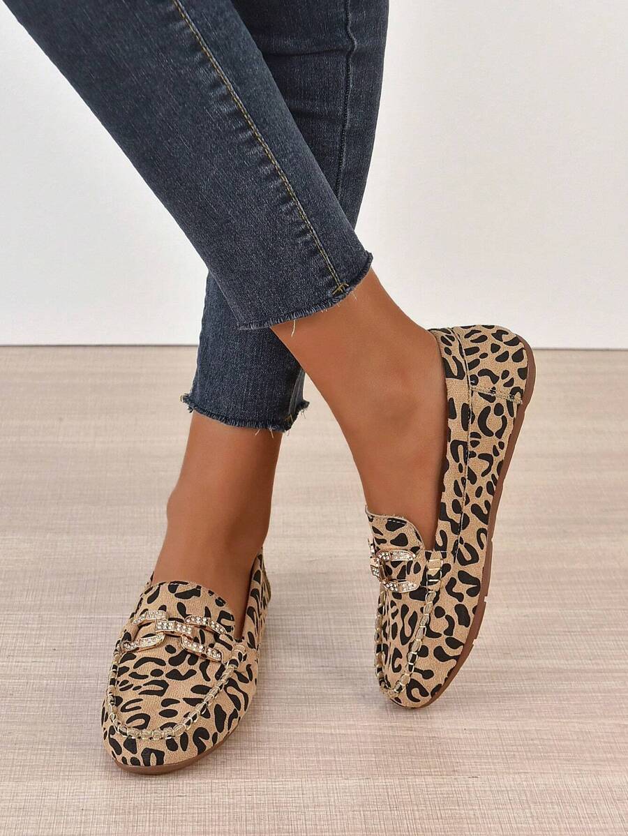 豹紋圖案水鑽裝飾仿麂皮平底樂福鞋 - 彩色 - 查看 1