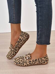 豹紋圖案水鑽裝飾仿麂皮平底樂福鞋 - 彩色 - 查看 2