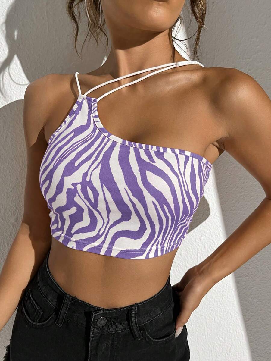 SHEIN ICON Áo nữ Bất đối xứng Sọc ngựa vằn Giải trí - Màu tím - Xem 1