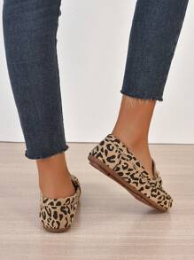 豹紋圖案水鑽裝飾仿麂皮平底樂福鞋 - 彩色 - 查看 4