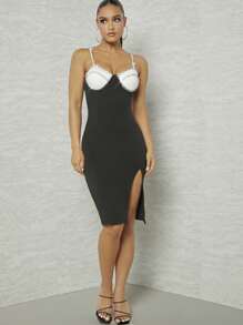 Hauture Váy xẻ đùi đính đá tương phản - màu đen - Xem 1