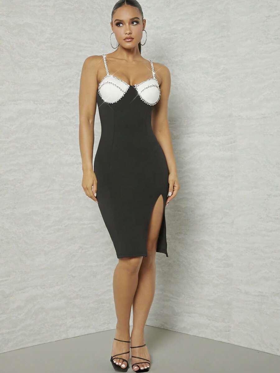 Hauture Váy xẻ đùi đính đá tương phản - màu đen - Xem 1