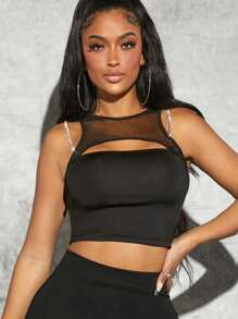 Hauture Rhinestone Trim Mesh Cut Out Crop Top - Black - View 1
