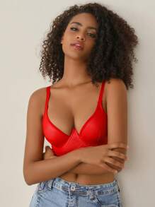 Women's Red PU Leather Cut Out Contrast Mesh Bra Fantasy Elegant Lingerie - Red - View 3