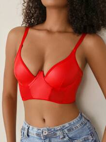 Women's Red PU Leather Cut Out Contrast Mesh Bra Fantasy Elegant Lingerie - Red - View 4