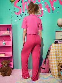 SHEIN 青少年女孩前紐扣襯衫&闊腿吊帶連體褲套裝 - 玫紅色 - 查看 2