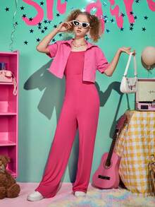 SHEIN 青少年女孩前紐扣襯衫&闊腿吊帶連體褲套裝 - 玫紅色 - 查看 3