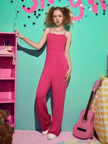 SHEIN 青少年女孩前紐扣襯衫&闊腿吊帶連體褲套裝 - 玫紅色 - 查看 4