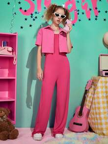 SHEIN 青少年女孩前紐扣襯衫&闊腿吊帶連體褲套裝 - 玫紅色 - 查看 5