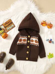 Baby Girl Cartoon Pattern Hooded Cardigan - Coffee Brown - View 1