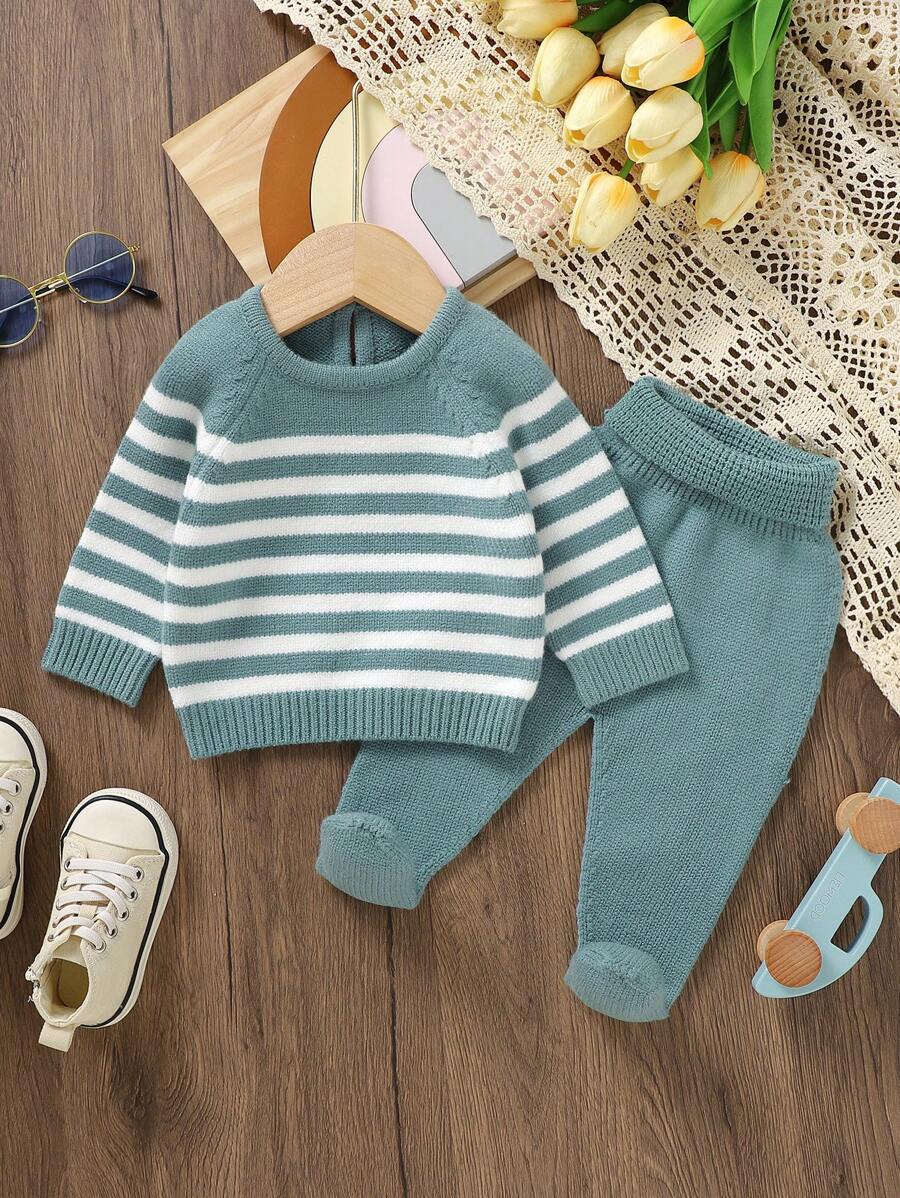 Baby Girl Striped Pattern Raglan Sleeve Jumper & Knit Footed Trousers - Green - View 1