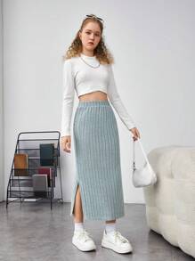 SHEIN Teen Girl Split Hem Ribbed Knit Skirt