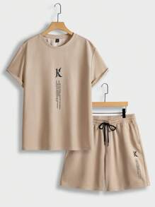 EASEVO 男士大码標語圖案T恤和腰部抽繩短褲 - 卡其色 - 查看 1
