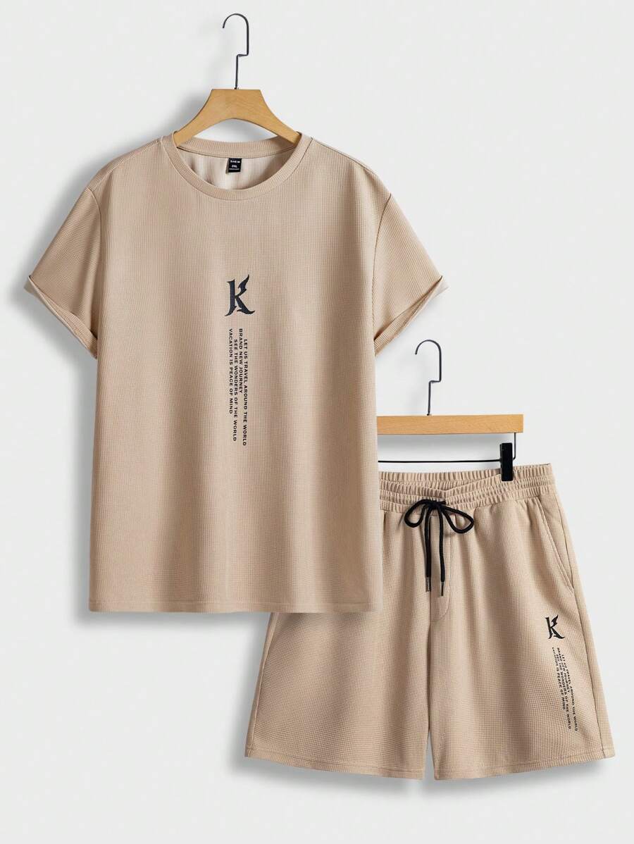 EASEVO 男士大码標語圖案T恤和腰部抽繩短褲 - 卡其色 - 查看 1