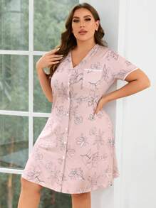 SHEIN Plus Floral Print Pocket Patched Button Front Pajama Nightdress - Pink - View 4