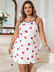 Plus Heart Print Contrast Binding Cami Nightdress - Beige - View 3