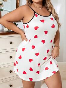 Plus Heart Print Contrast Binding Cami Nightdress - Beige - View 1