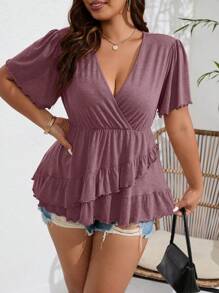 SHEIN Clasi Plus Surplice Neck Ruffle Hem Tee