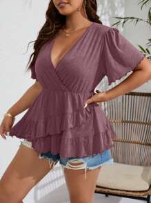 SHEIN Clasi Plus Surplice Neck Ruffle Hem Tee