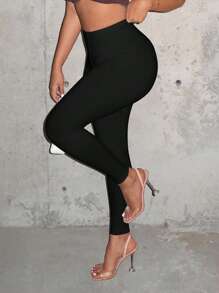 SHEIN SXY 素色高腰緊身打底褲 - 黑色 - 查看 1