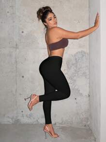 SHEIN SXY 素色高腰緊身打底褲 - 黑色 - 查看 4