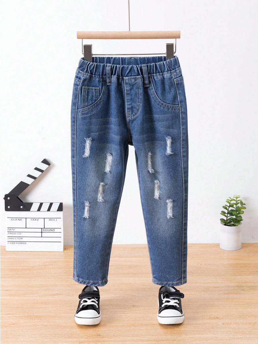 Young Girl Ripped Frayed Elastic Waist Jeans - Medium Wash - View 1