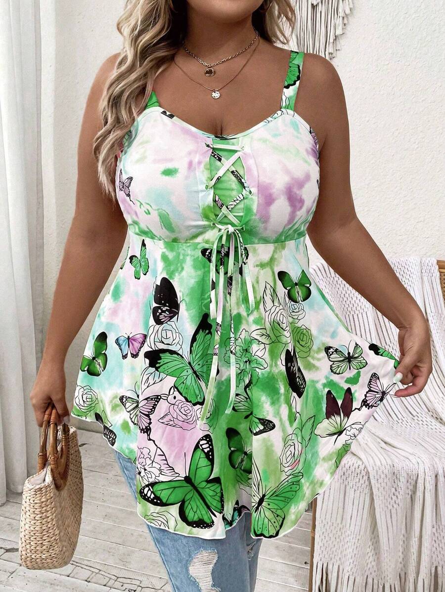 SHEIN LUNE Talla grande Top de tirantes con estampado de mariposa con cordón delantero - Multicolor - Ver 1