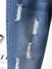 Young Girl Ripped Frayed Elastic Waist Jeans - Medium Wash - View 5