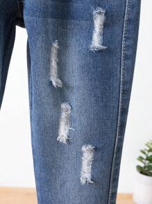 Young Girl Ripped Frayed Elastic Waist Jeans - Medium Wash - View 6