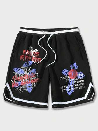 Guys Slogan Graphic Striped Trim Drawstring Waist Shorts