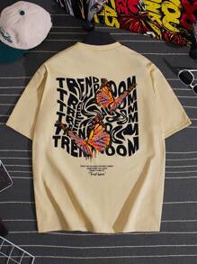 Manfinity VCAY 宽松男式标语和蝴蝶印花 T 恤 - 杏色 - 查看 1