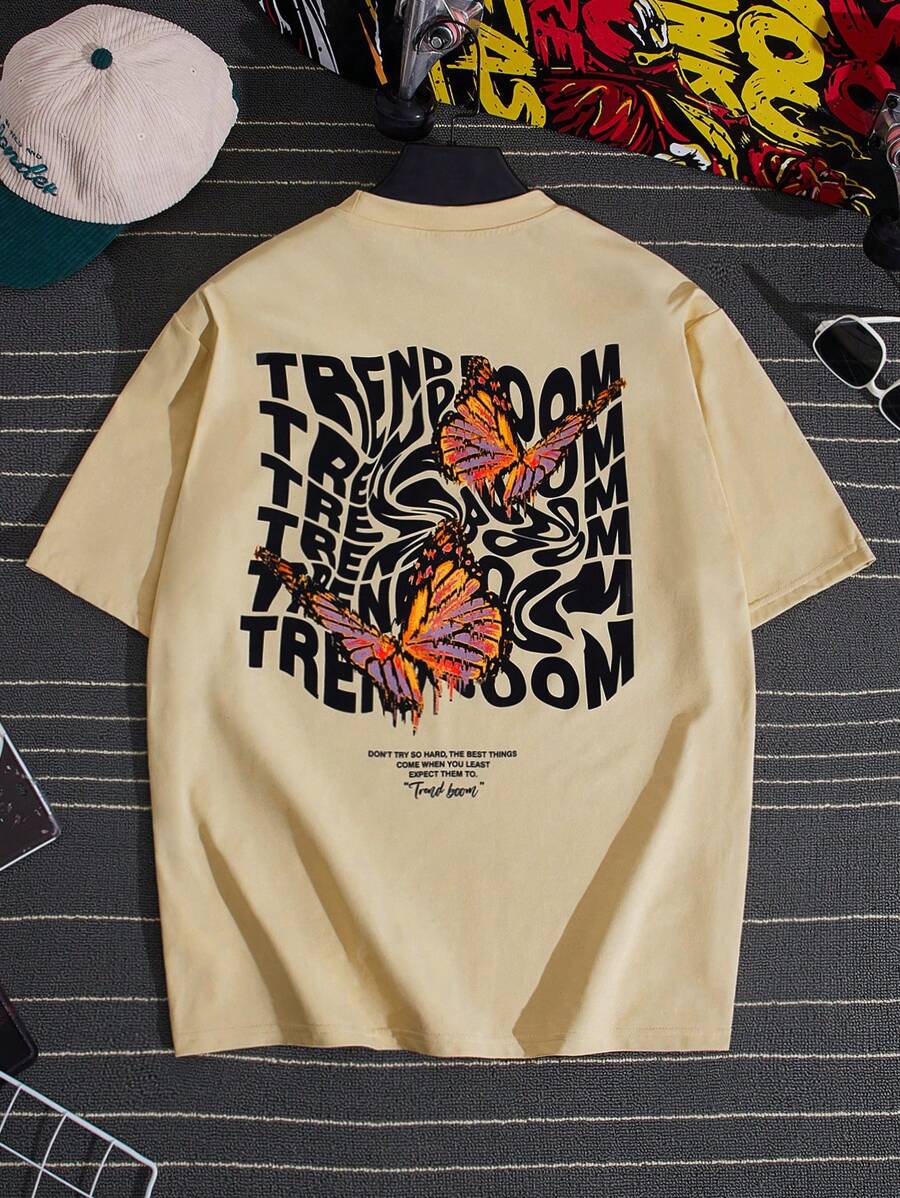 Manfinity VCAY 宽松男式标语和蝴蝶印花 T 恤 - 杏色 - 查看 1