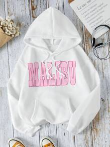 SHEIN EZwear Đồ họa Chữ cái Túi kangaroo Dây rút Áo hoodie ấm áp - trắng - Xem 1