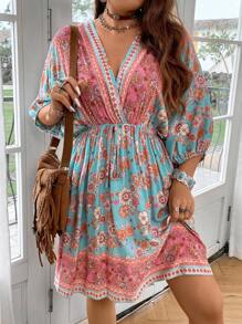 Breezaya Plus Floral Print Knot Front Dress
