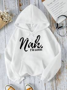 INAWLY Đồ họa Chữ cái Túi kangaroo Dây rút Áo hoodie ấm áp - trắng - Xem 1