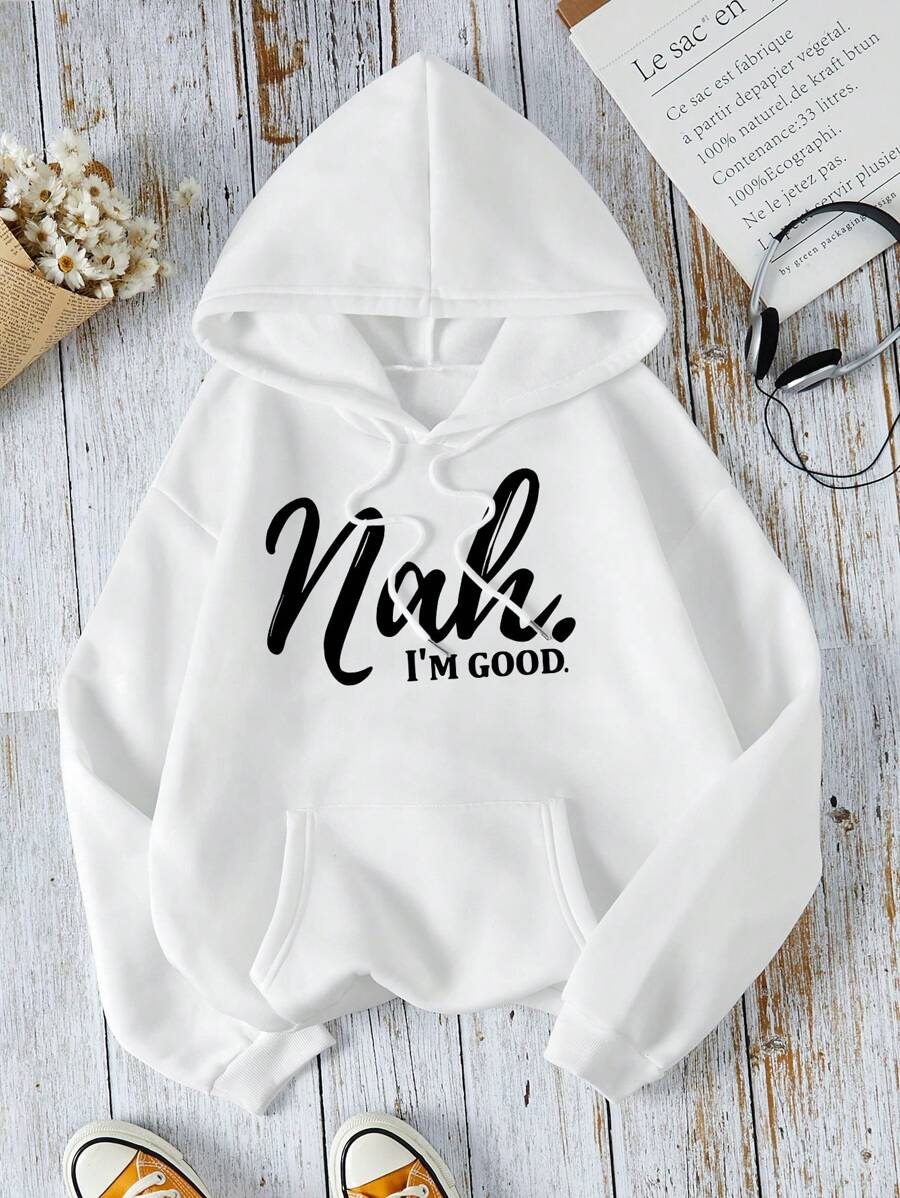INAWLY Đồ họa Chữ cái Túi kangaroo Dây rút Áo hoodie ấm áp - trắng - Xem 1