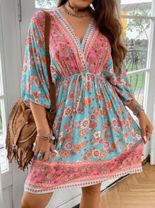 Breezaya Plus Floral Print Knot Front Dress