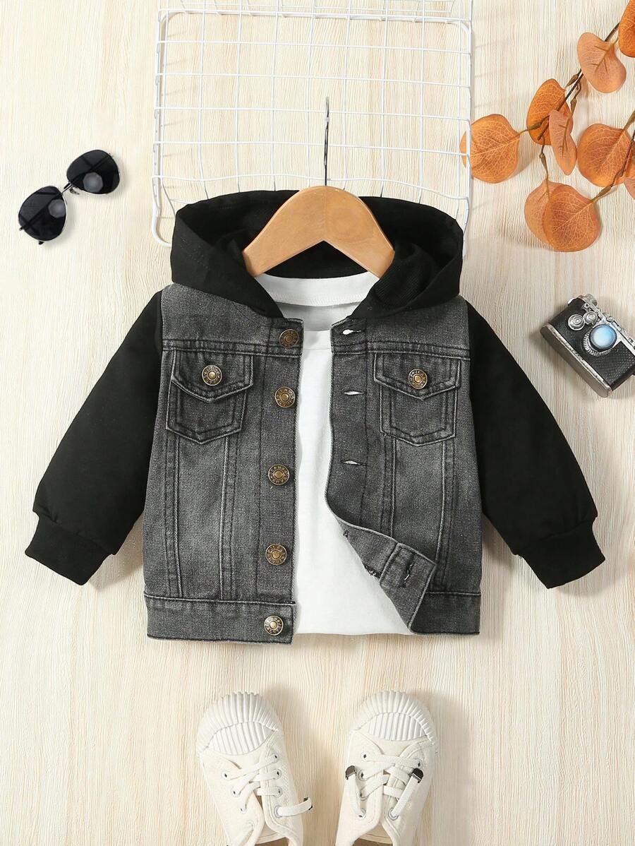 Baby Boy Flap Pocket Hooded Denim Jacket Without Tee - Black - View 1