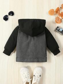 Baby Boy Flap Pocket Hooded Denim Jacket Without Tee - Black - View 2