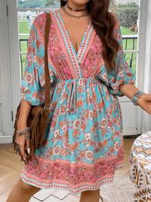 Breezaya Plus Floral Print Knot Front Dress