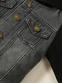 Baby Boy Flap Pocket Hooded Denim Jacket Without Tee - Black - View 4