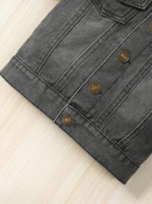 Baby Boy Flap Pocket Hooded Denim Jacket Without Tee - Black - View 5