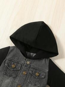 Baby Boy Flap Pocket Hooded Denim Jacket Without Tee - Black - View 6