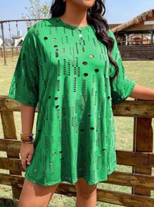 SHEIN LUNE 大碼鏤空落肩T恤 - 綠色 - 查看 3