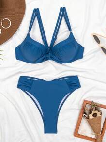 褶邊帶鋼圈比基尼泳裝 - 寶藍色 - 查看 6