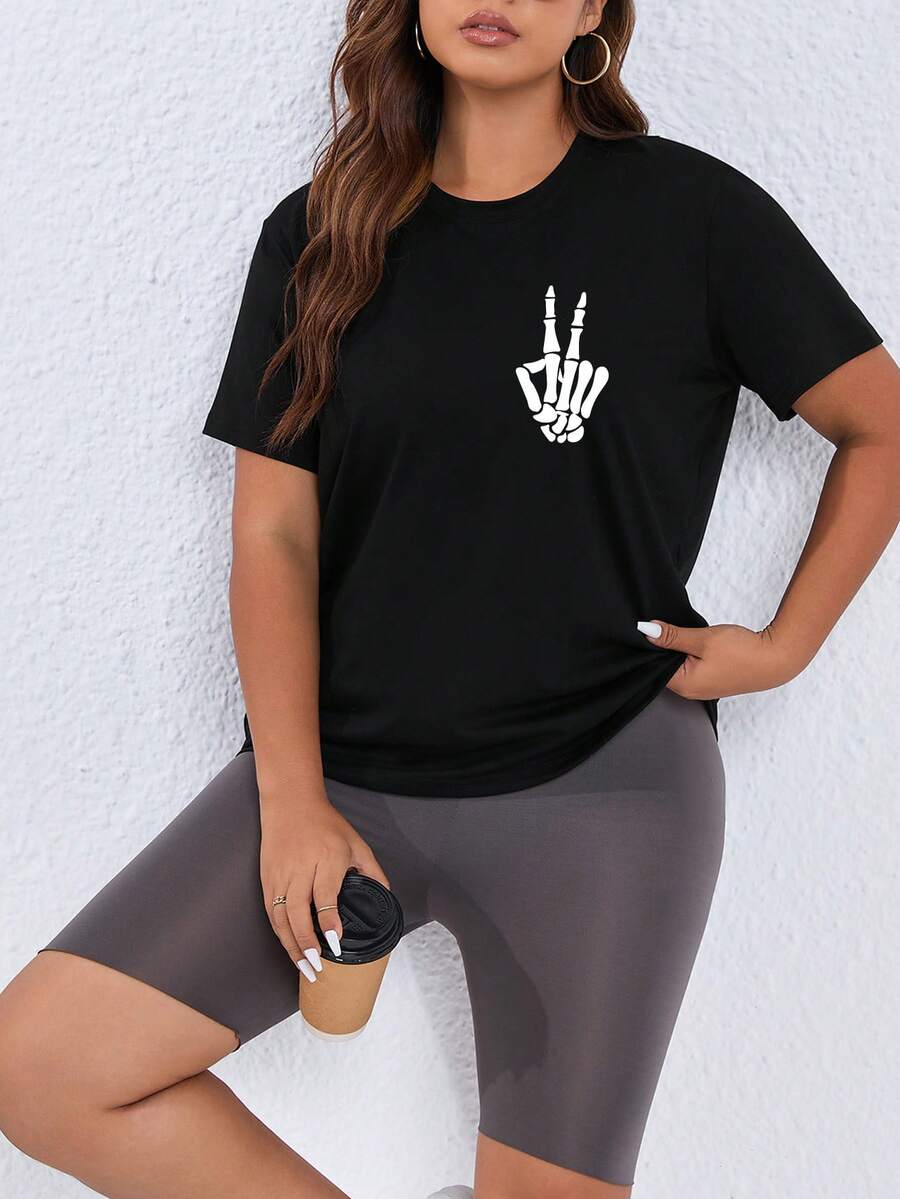 INAWLY Plus Skeleton Hand Print Tee - Black - View 1