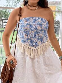 SHEIN SunnyBelle 大碼滿版印花流蘇邊頭巾下擺抹胸上衣 - 藍色 - 查看 1